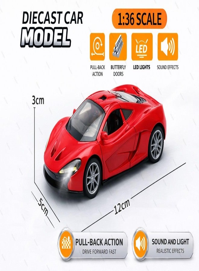 SQUIDSY McLaren Toy Car Model 1:36 Scale Die-cast Metal Pull Back Vehicle with Openable Doors, Lights & Music, Sports Model for Kids, Boys & Collectors (Red) - Image 4
