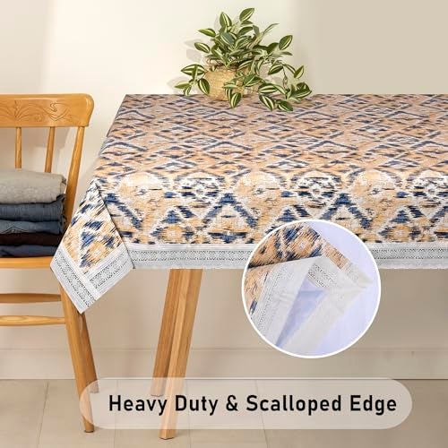 Oriental Weavers OrientalWeavers PVC Dining Table Cover - 60 x 90 in, 6-8 Seater Table Protector Cover - Rectangle Shape Table Cover with White Side Trim Lace, Coffee Brown Blocks Print - Image 2