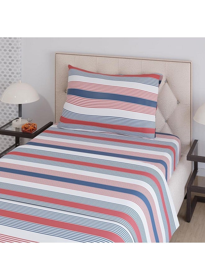 Layers طقم ملاءة سرير مفرد من قطن زين المكون من طبقات (معتمد من أوكو تيكس) | 1 ملاءة سرير قطن مفرد و 1 غطاء وسادة | قابل للتنفس ومضاد للتجاعيد | 225 سي في سي | (طباعة خطوط، أحمر وأزرق) - Image 1