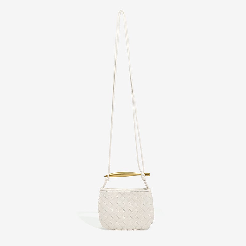 2024 Spring New silver Sardine Bag Soft Leather Woven Small Bag Metal Handlebar Half Shoulder Crossbody Bag Creamy-white