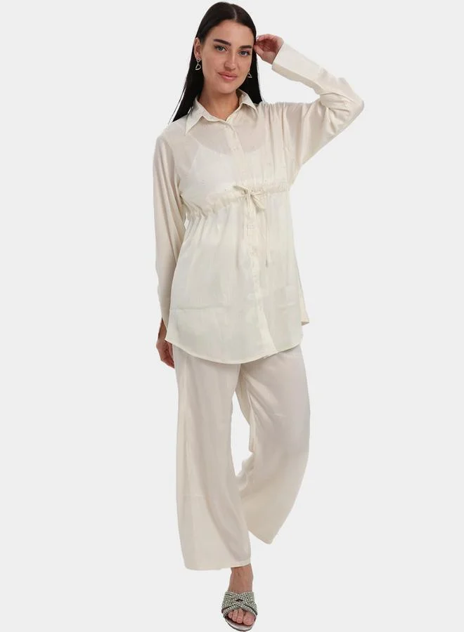 Elena by DStyle Cream Waist Drawstring Shirt and Pants Trousers Set