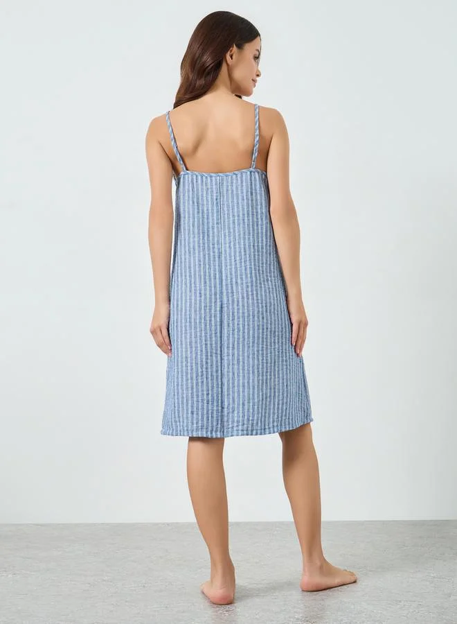 Styli Blue Blue Woven Linen Look Stripe V Neck Slip Dress for Women | Best Price UAE