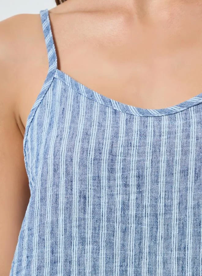 Styli Blue Blue Woven Linen Look Stripe V Neck Slip Dress for Women | Best Price UAE