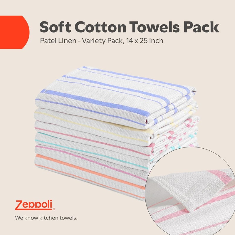 Zeppoli Classic Kitchen Towels - 6 Pack 100% Natural Cotton Kitchen Towel Set, Reusable Wash Cloths, Absorbent Dish Towels, Machine Washable Hand Towels, Kitchen Essentials, 20” x 28” - Pastel Var - Image 2