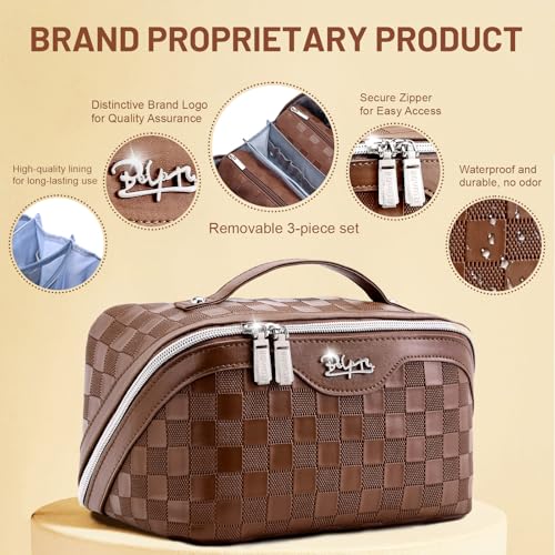 BOYATU Travel Makeup Bag Organizer: 3 Pcs Set Large Capacity Cosmetic Bags Holds 10–20 100ml Full-Size Bottles - 180°Open-Flat Make up Case 3-sec touch-up - Toiletry Bag Gift women (03-A-Coffee) - Image 3