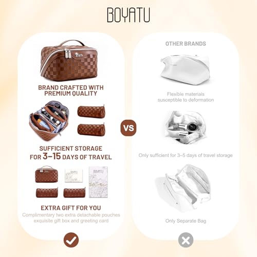 BOYATU Travel Makeup Bag Organizer: 3 Pcs Set Large Capacity Cosmetic Bags Holds 10–20 100ml Full-Size Bottles - 180°Open-Flat Make up Case 3-sec touch-up - Toiletry Bag Gift women (03-A-Coffee) - Image 2