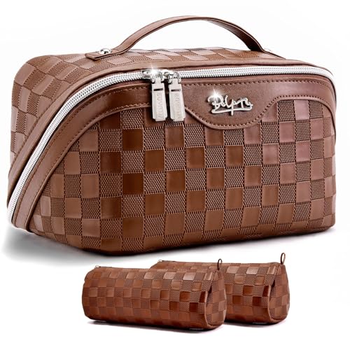 BOYATU Travel Makeup Bag Organizer: 3 Pcs Set Large Capacity Cosmetic Bags Holds 10–20 100ml Full-Size Bottles - 180°Open-Flat Make up Case 3-sec touch-up - Toiletry Bag Gift women (03-A-Coffee) - Image 1