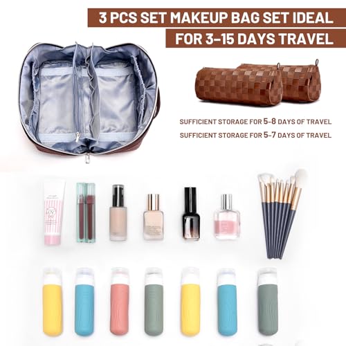 BOYATU Travel Makeup Bag Organizer: 3 Pcs Set Large Capacity Cosmetic Bags Holds 10–20 100ml Full-Size Bottles - 180°Open-Flat Make up Case 3-sec touch-up - Toiletry Bag Gift women (03-A-Coffee) - Image 4