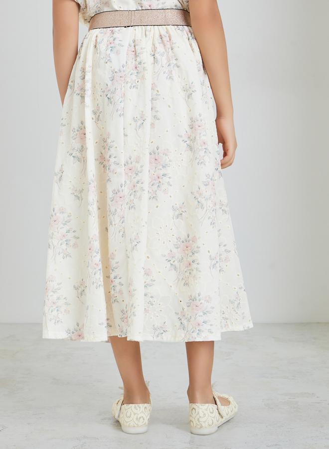 Styli Girls Cream Embroidered Schiffli Skirt - Image 3