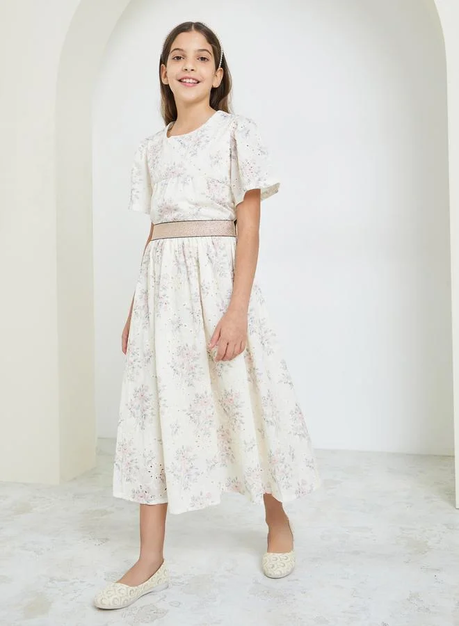 Styli Girls Cream Embroidered Schiffli Skirt