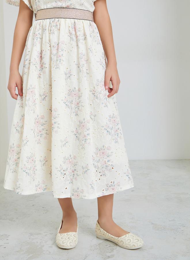 Styli Girls Cream Embroidered Schiffli Skirt - Image 1