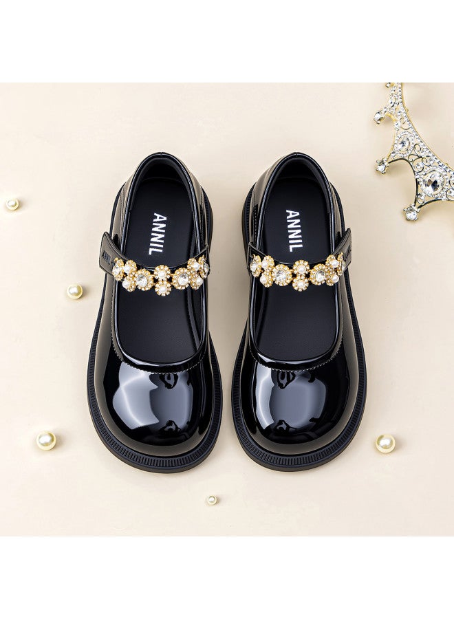 Annil Girl's Princess Shoes With Rhinestones, Children's Leather Mary Jane Flats, Low-cut Single Shoes, New Autumn Style For Big Kids, British-inspired - Image 2