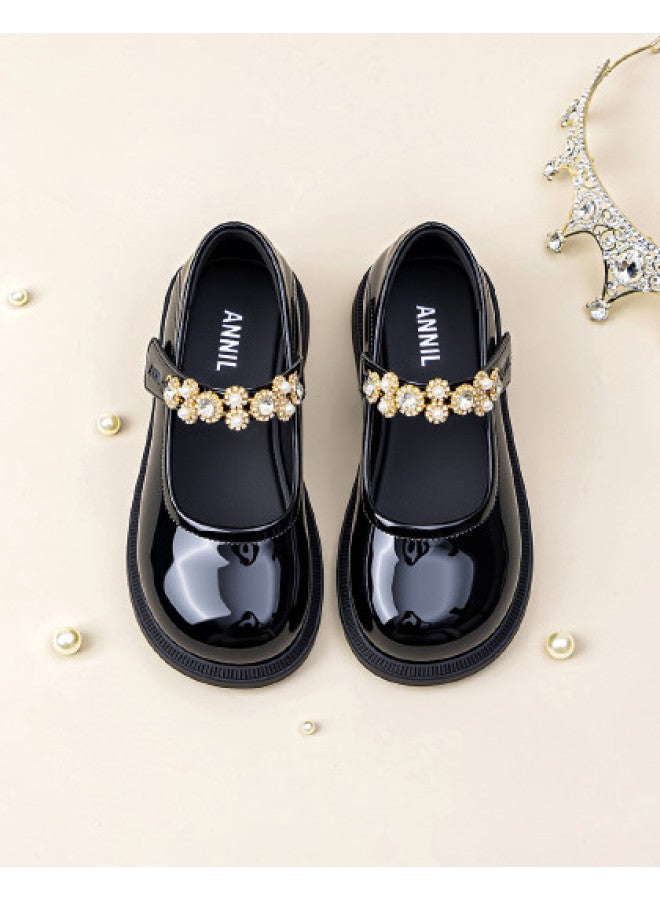 Annil Girl's Princess Shoes With Rhinestones, Children's Leather Mary Jane Flats, Low-cut Single Shoes, New Autumn Style For Big Kids, British-inspired - Image 1