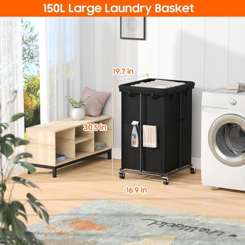 Olldide 150L Laundry Hamper with Wheels, Rolling Laundry Basket with Metal Frame and Removable Bag, Large & Tall Dirty Clothes Hampers for Bedroom Aesthetic, Laundry Room, Bathroom, Dorm-Black - Image 2