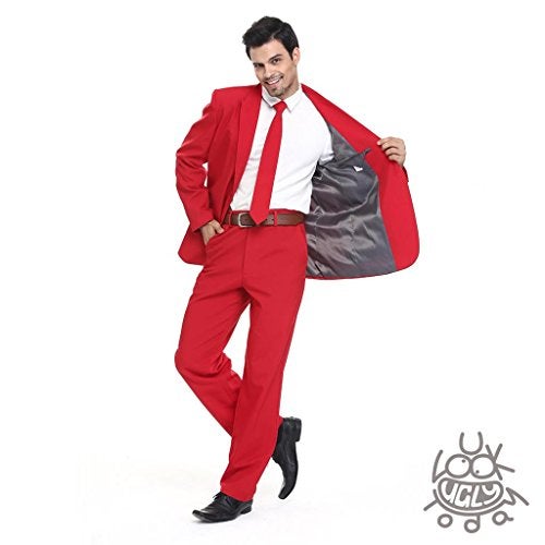 U LOOK UGLY TODAY Men's Party Suit Solid Color Prom Suit for Themed Party Events Clubbing Jacket with Tie Pants Red L - Image 2