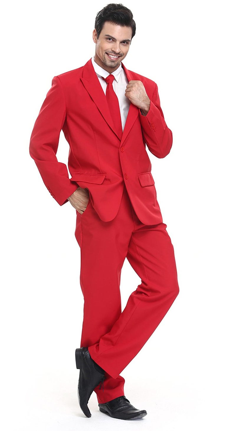 U LOOK UGLY TODAY Men's Party Suit Solid Color Prom Suit for Themed Party Events Clubbing Jacket with Tie Pants Red L - Image 1