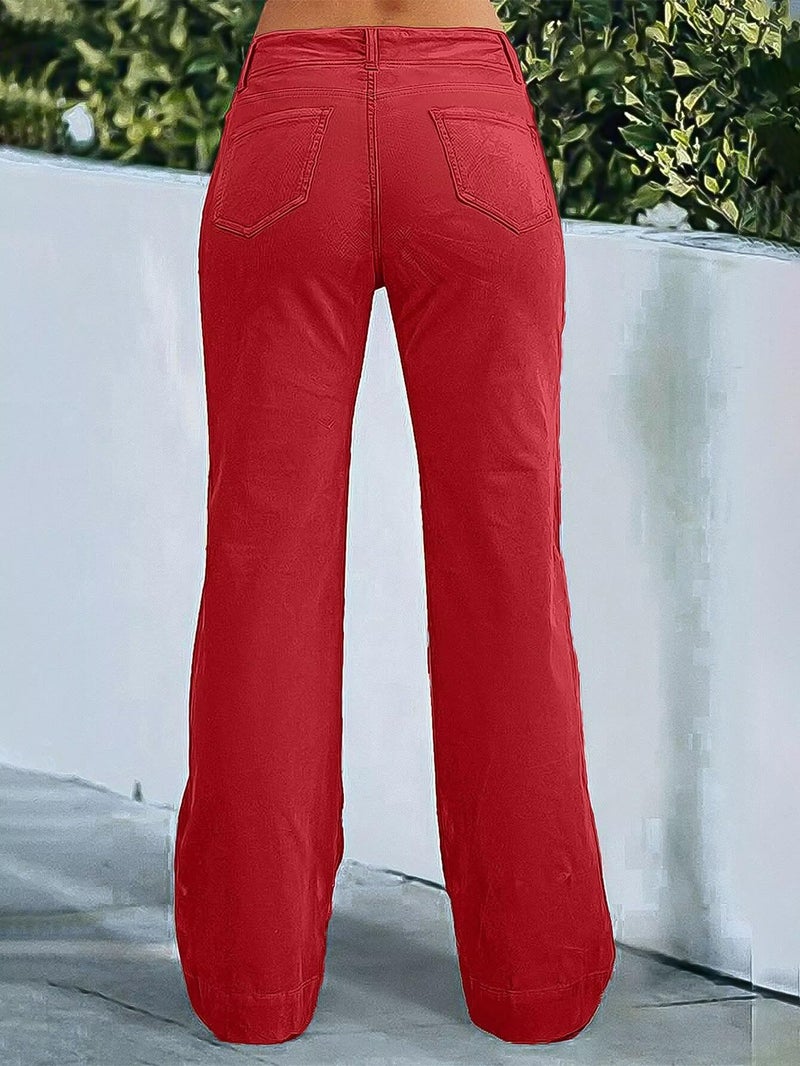 Flamingals Women's Wide Leg Pants for Women Mid Waist Dress Flare Straight Leg Corduroy Pants Workout Jeans Trendy Red L - Image 3