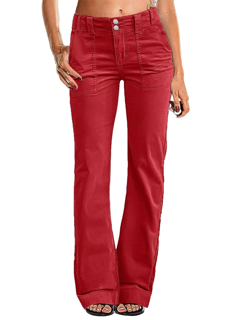 Flamingals Women's Wide Leg Pants for Women Mid Waist Dress Flare Straight Leg Corduroy Pants Workout Jeans Trendy Red L - Image 1