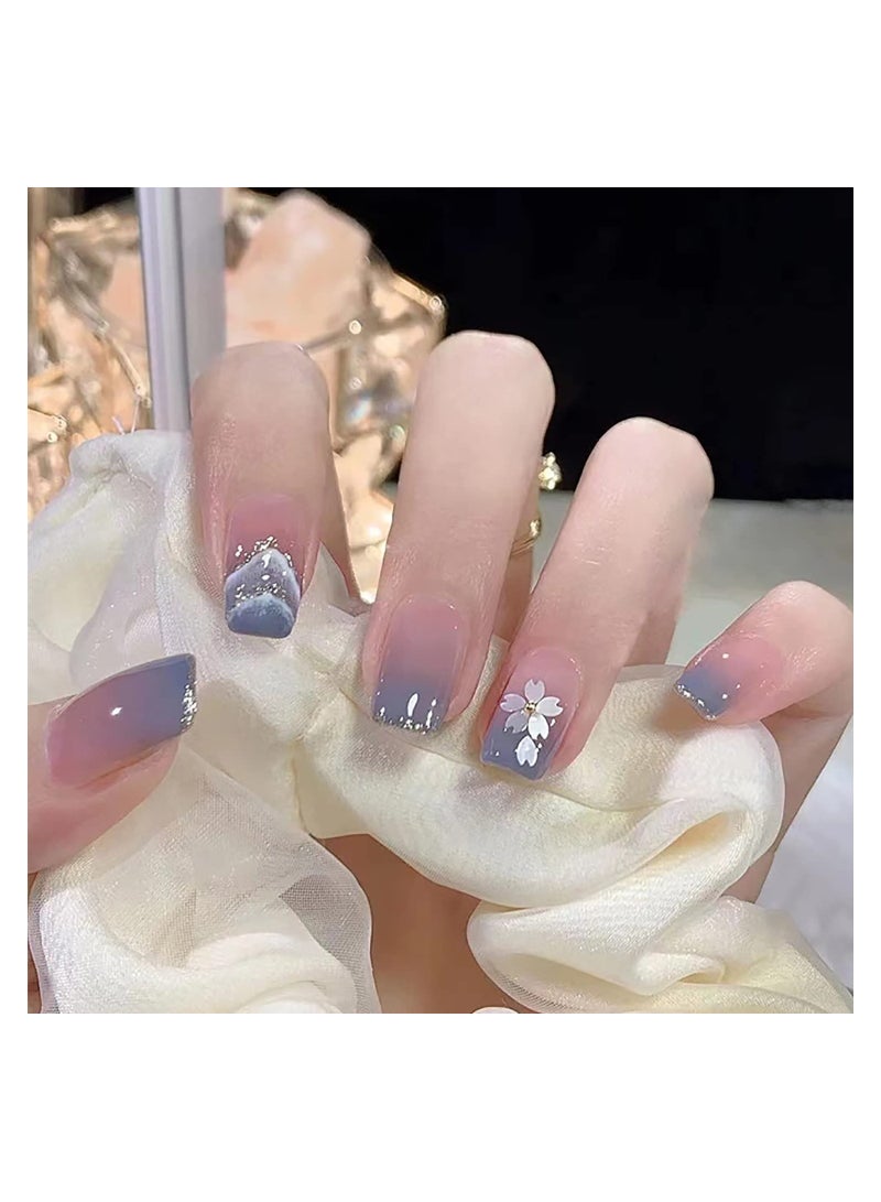 SYOSI 24 Pcs Flower Press on Nails Short Square Fake Nails Nude Purple Cloud Mountains Design French False Nails Full Cover Artificial Nails Stick on Nails for Women Girls Acrylic Nails Manicure Decorations - Image 1