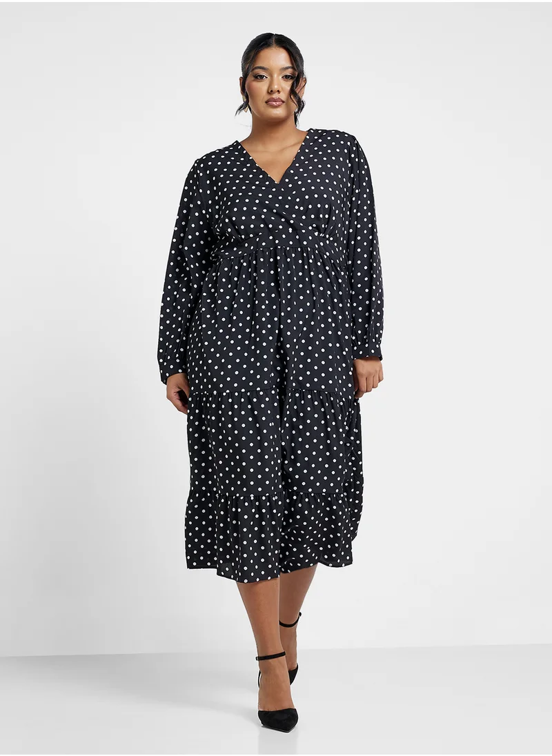 جينجر بلس Polka Dot Fit N Flare Tiered Midi Dress