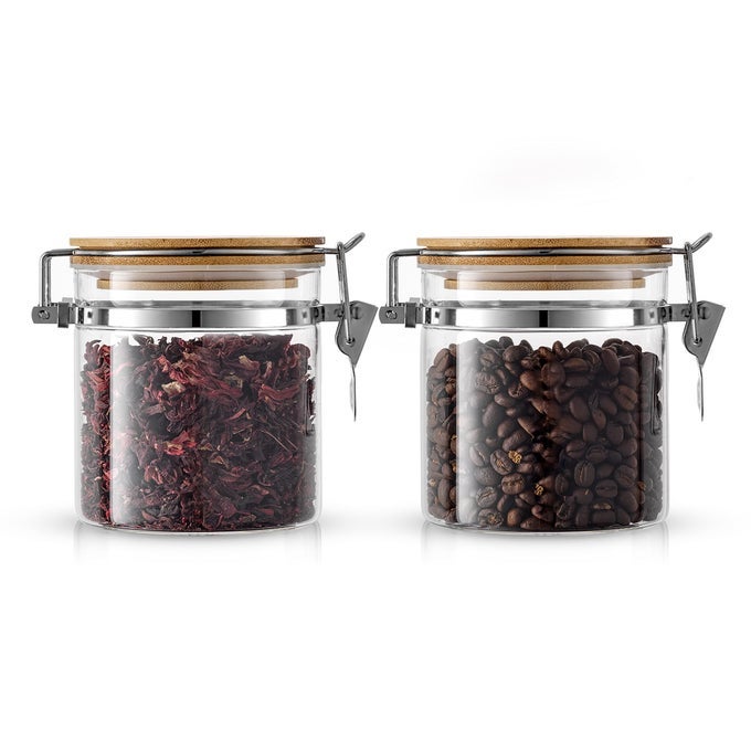 GLASS JARS WITH BAMBOO LIDS 12 FL OZ 2PC SET OF AIRTIGHT STORAGE JARS WITH CLAMP LIDS FOR PANTRY FOOD STORAGE AIR TIGHT SEALABLE GLASS CANISTERS CONTAINERS FOR KITCHEN ORGANIZATION