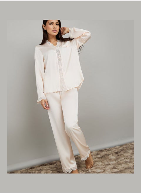 Lace Edge Satin Button Through Shirt & Pyjama Set