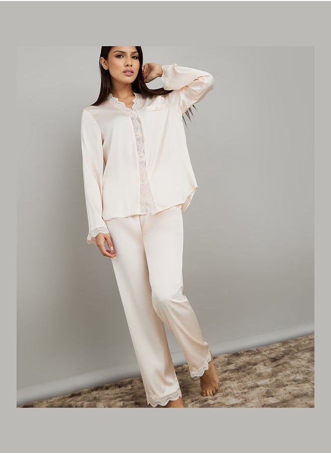 Styli - Lace Edge Satin Button Through Shirt & Pyjama Set - Image 1