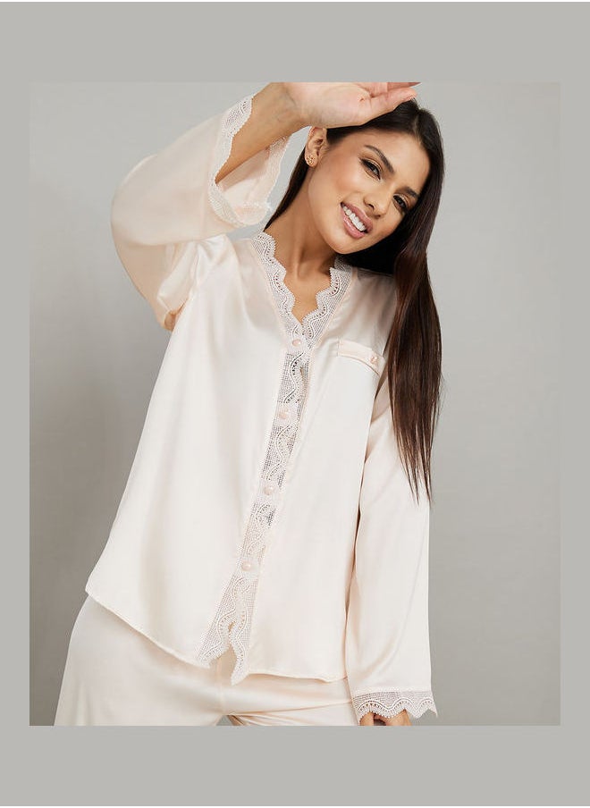 Styli - Lace Edge Satin Button Through Shirt & Pyjama Set - Image 1