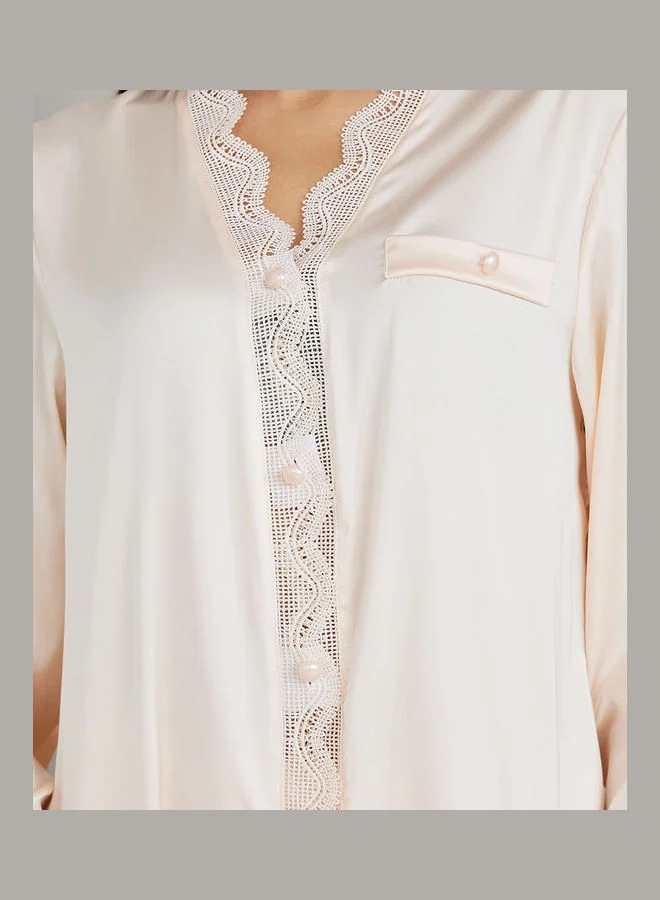 Styli Lace Edge Satin Button Through Shirt & Pyjama Set