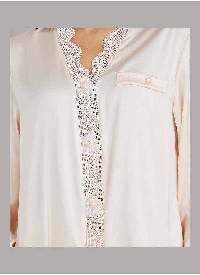 Styli - Lace Edge Satin Button Through Shirt & Pyjama Set - Image 1