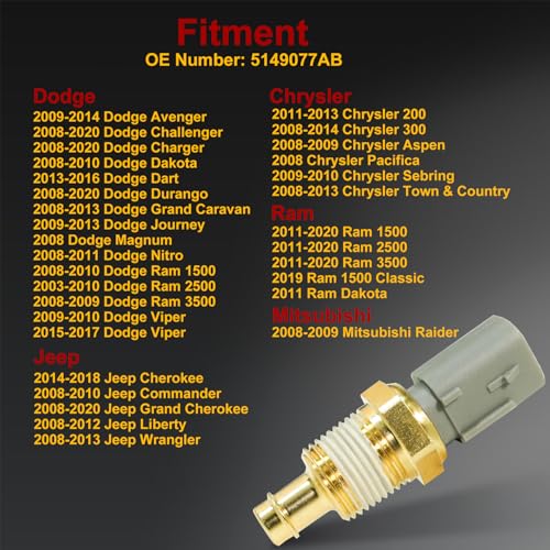 GZ5CG Engine Coolant Temperature Sensor 5149077AB for 2011-2020 Ram 1500 2500 3500, Dodge Avenger Challenger Charger Dakota Durango, Jeep Wrangler Grand Cherokee Liberty, Chrysler 300 Town & Country - Image 3