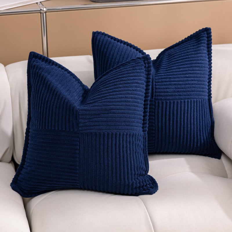 Puncuntex Navy Blue Throw Pillow Covers 18Ã—18 Inches Set of 2 Corduroy Boho Decorative Soft Square Striped Cushion Covers for Couch Sofa Living Room 45Ã—45CM - Image 1