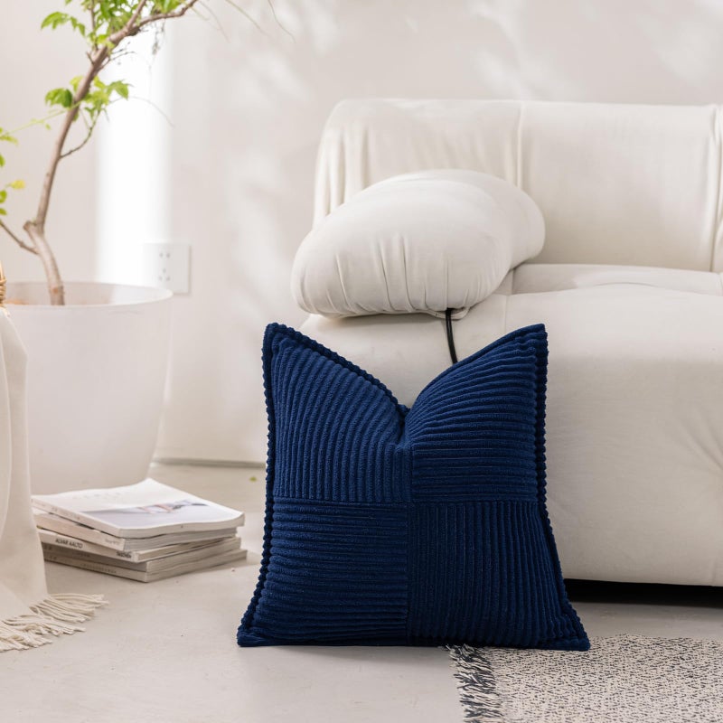 Puncuntex Navy Blue Throw Pillow Covers 18Ã—18 Inches Set of 2 Corduroy Boho Decorative Soft Square Striped Cushion Covers for Couch Sofa Living Room 45Ã—45CM - Image 2