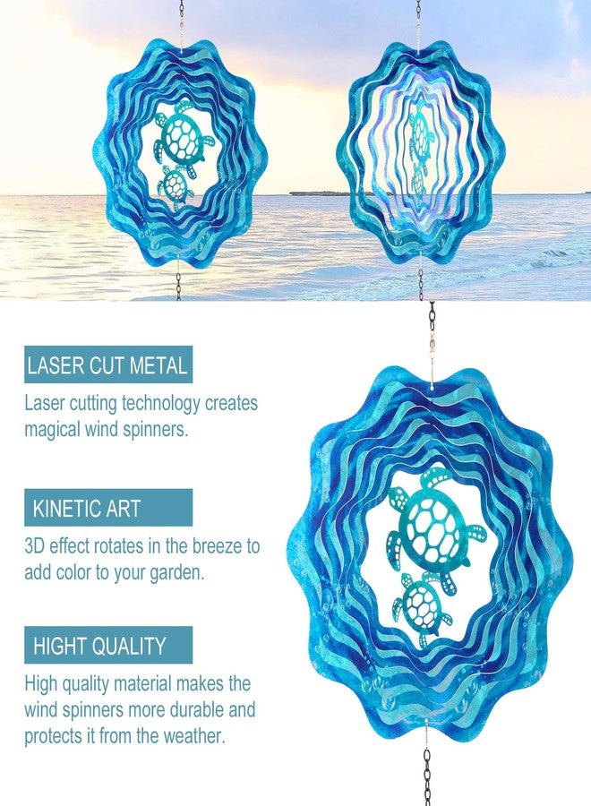 BUARO8AGA Sea Turtle Hanging Wind Spinners - 12 Inch 3D Kinetic Outdoor Large Metal Wind Spinner Blue Wave and Turtle Pattern with Starfish Pendant for Yard and Garden Decoration Laser Cut Sculpture Art - Image 3