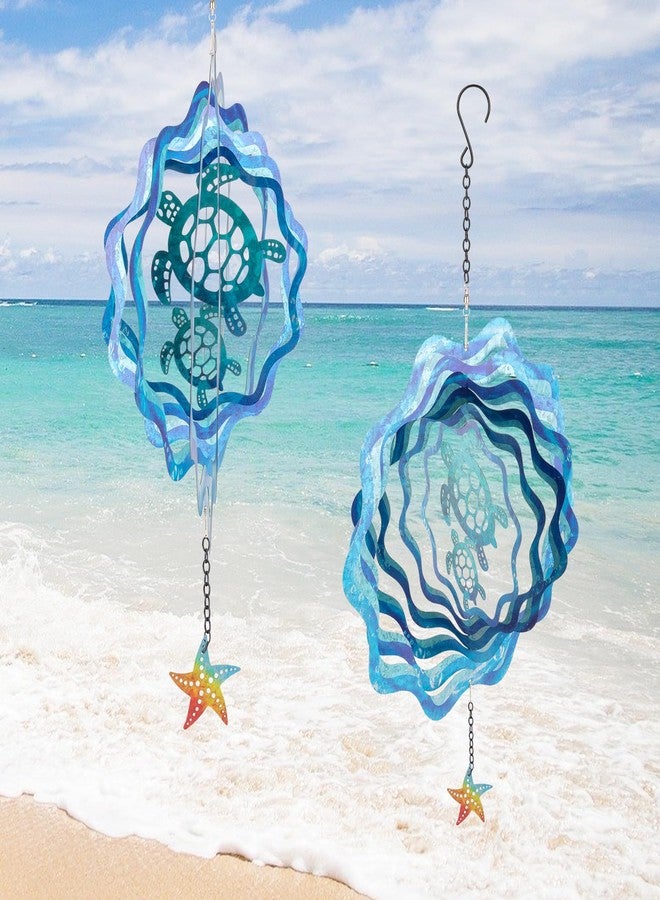 BUARO8AGA Sea Turtle Hanging Wind Spinners - 12 Inch 3D Kinetic Outdoor Large Metal Wind Spinner Blue Wave and Turtle Pattern with Starfish Pendant for Yard and Garden Decoration Laser Cut Sculpture Art - Image 2