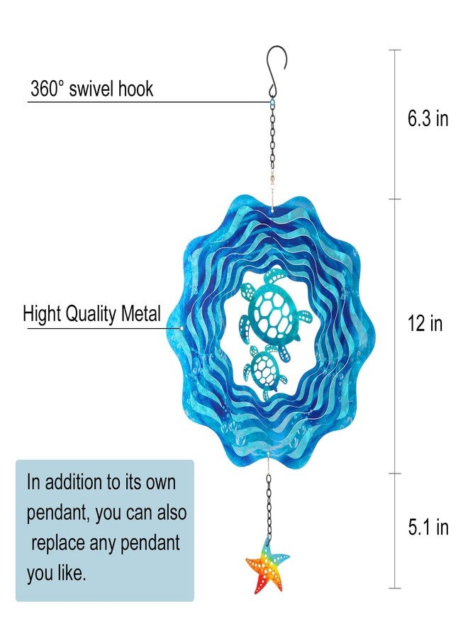 BUARO8AGA Sea Turtle Hanging Wind Spinners - 12 Inch 3D Kinetic Outdoor Large Metal Wind Spinner Blue Wave and Turtle Pattern with Starfish Pendant for Yard and Garden Decoration Laser Cut Sculpture Art - Image 4