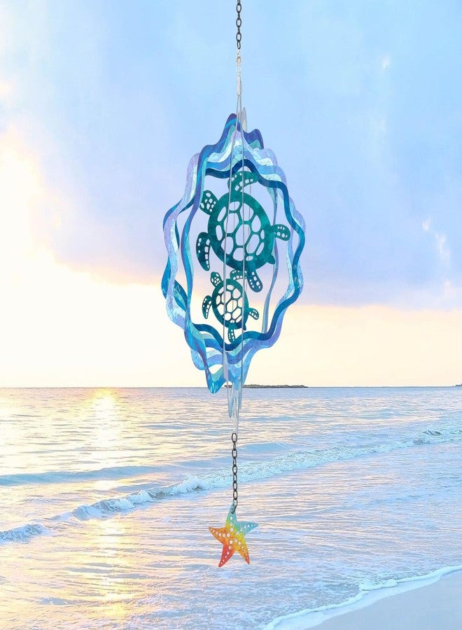 BUARO8AGA Sea Turtle Hanging Wind Spinners - 12 Inch 3D Kinetic Outdoor Large Metal Wind Spinner Blue Wave and Turtle Pattern with Starfish Pendant for Yard and Garden Decoration Laser Cut Sculpture Art - Image 1