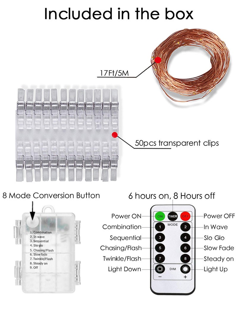 LECLSTAR 50 LED Photo Clips String Lights, 17ft with Remote - 8 Modes Fairy Lights to Clip on Pictures, Photos, Cards - Image 3