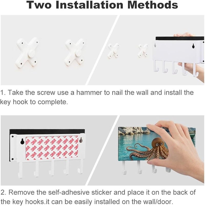 حامل مفاتيح حائطي على شكل أخطبوط وقارب مع 5 خطافات، منظم مفاتيح من جلد البولي يوريثان، وحدة تخزين للمدخل - Image 4