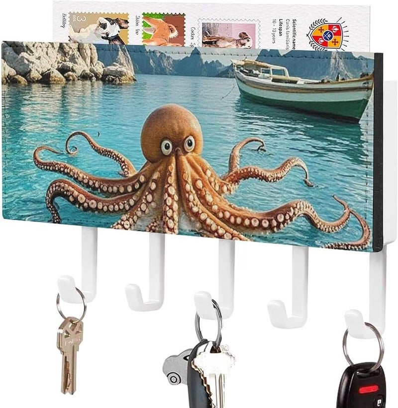 حامل مفاتيح حائطي على شكل أخطبوط وقارب مع 5 خطافات، منظم مفاتيح من جلد البولي يوريثان، وحدة تخزين للمدخل - Image 1