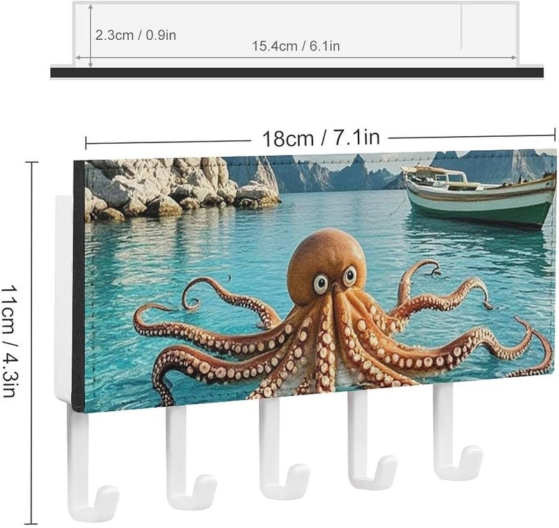 حامل مفاتيح حائطي على شكل أخطبوط وقارب مع 5 خطافات، منظم مفاتيح من جلد البولي يوريثان، وحدة تخزين للمدخل - Image 3