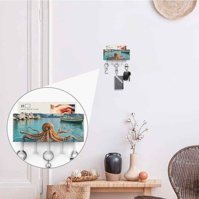 حامل مفاتيح حائطي على شكل أخطبوط وقارب مع 5 خطافات، منظم مفاتيح من جلد البولي يوريثان، وحدة تخزين للمدخل - Image 5