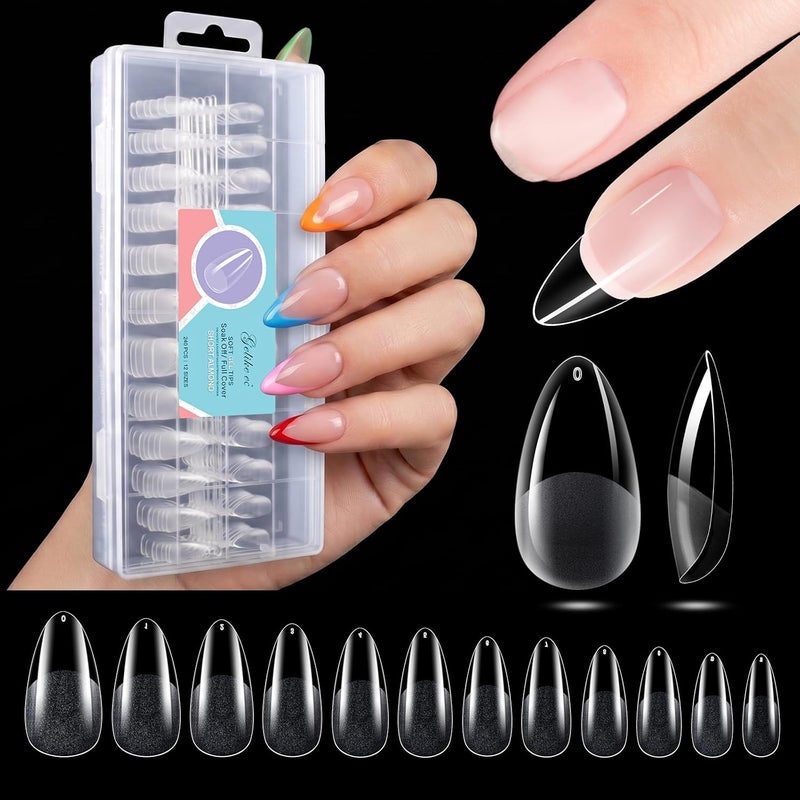 Gelike EC Short Almond Nail Tips: Soft Gel X False Nail Tips Full Cover for Nail Extensions - Acrylic Nails Professional Clear Gelly Tips Preshaped PMMA, 12 Sizes, 240PCS - Image 1