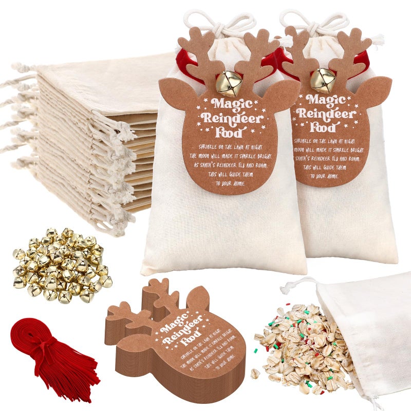 SilTriangle 50 Pcs Magic Reindeer Food Bags Christmas Cotton Treat Drawstring Bags with Gift Tags Bells and Ribbons Reusable Reindeer Food Kit for Candy Goodie Cookie Snack Gift Wrapping - Image 2