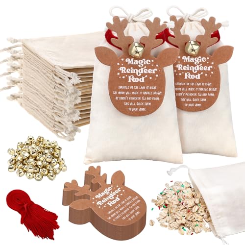 SilTriangle 50 Pcs Magic Reindeer Food Bags Christmas Cotton Treat Drawstring Bags with Gift Tags Bells and Ribbons Reusable Reindeer Food Kit for Candy Goodie Cookie Snack Gift Wrapping - Image 1