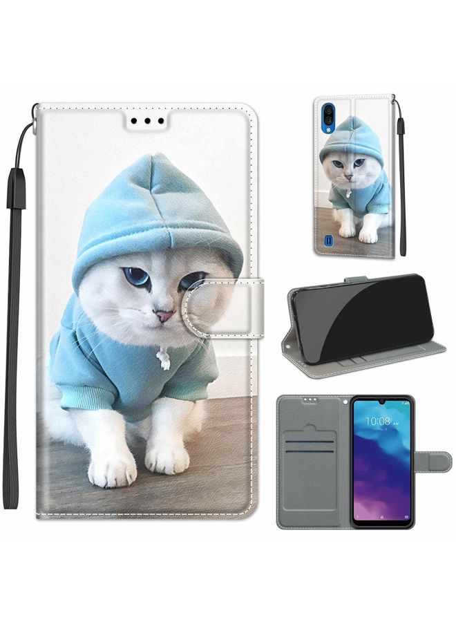 HuHa Case Cover For ZTE A5 2020 Voltage Coloured Drawing Magnetic Clasp Horizontal Flip PU Leather Case with Holder & Card Slots(C15 Blue Sweater White Cat)