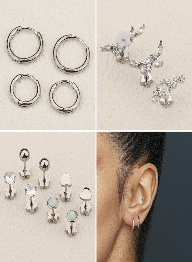 MJust Hypoallergenic Surgical Steel Earrings for Women & Men– Flat Back Studs & Hoops Earrings Set for Sensitive Ears, Screwback Cartilage Earrings for Cartilage (Silvery) - Image 5