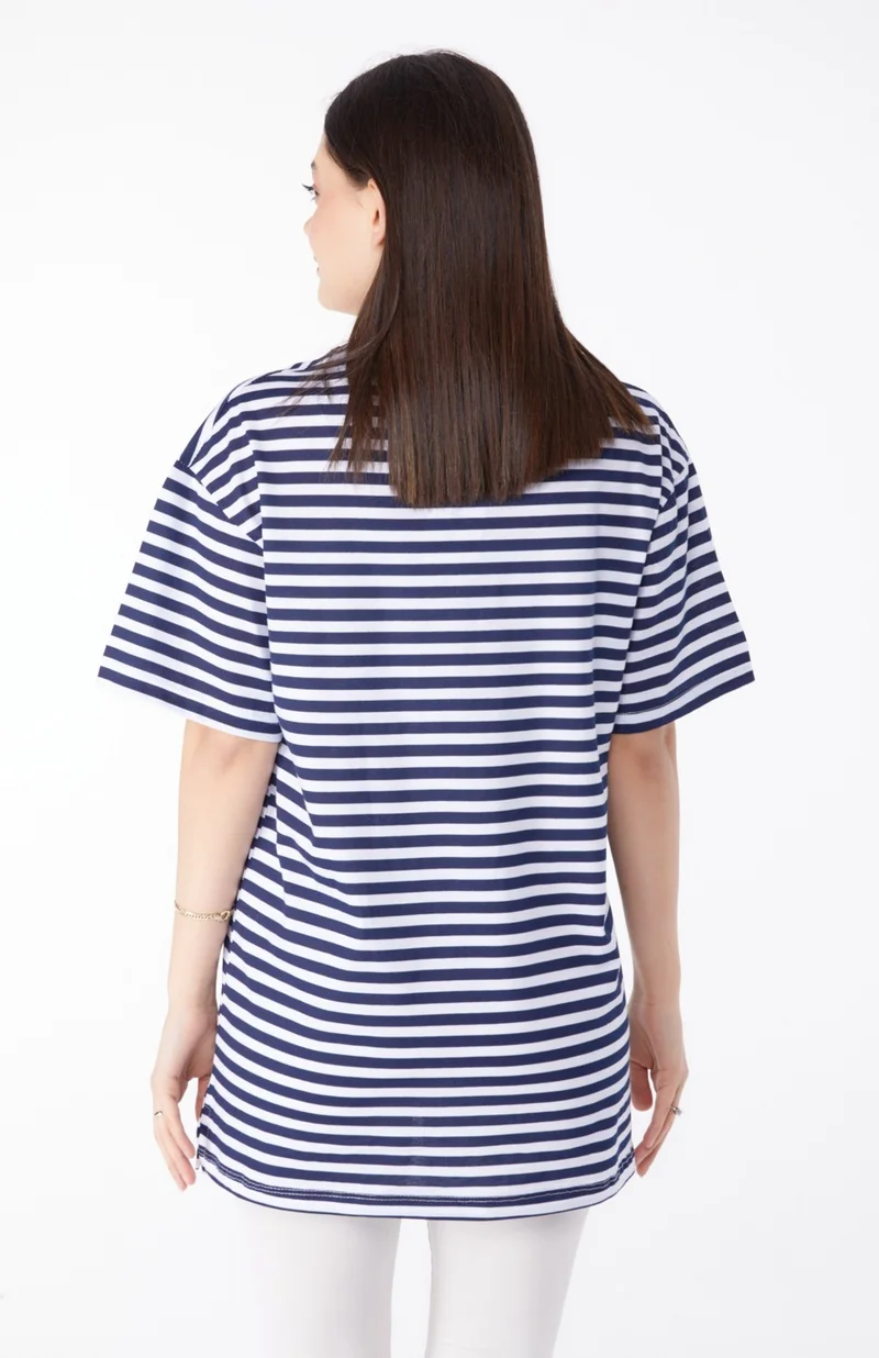 Tofisa Plain Crew Neck Women's Navy Blue Striped T-Shirt - 25306