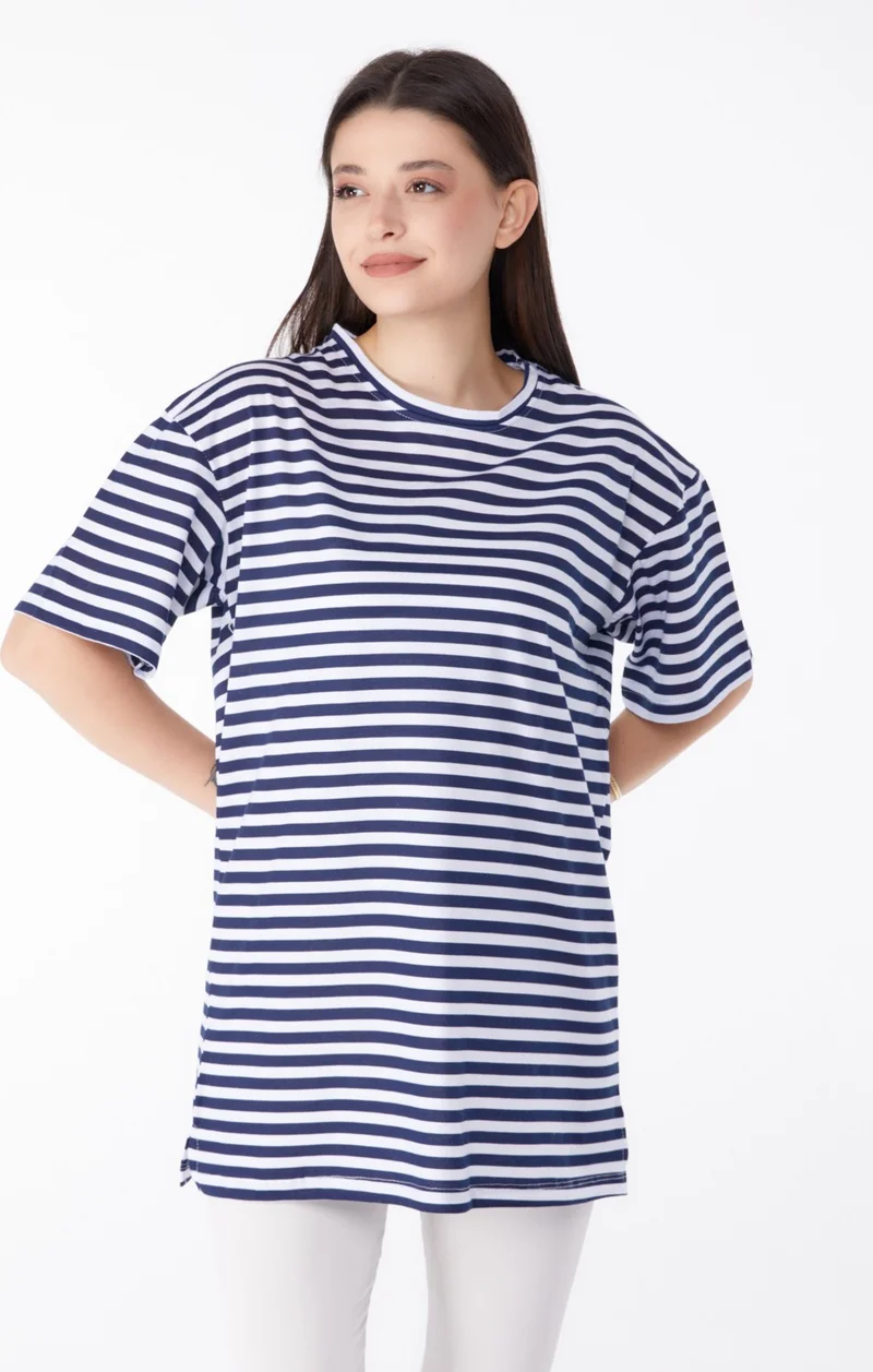 Tofisa Plain Crew Neck Women's Navy Blue Striped T-Shirt - 25306