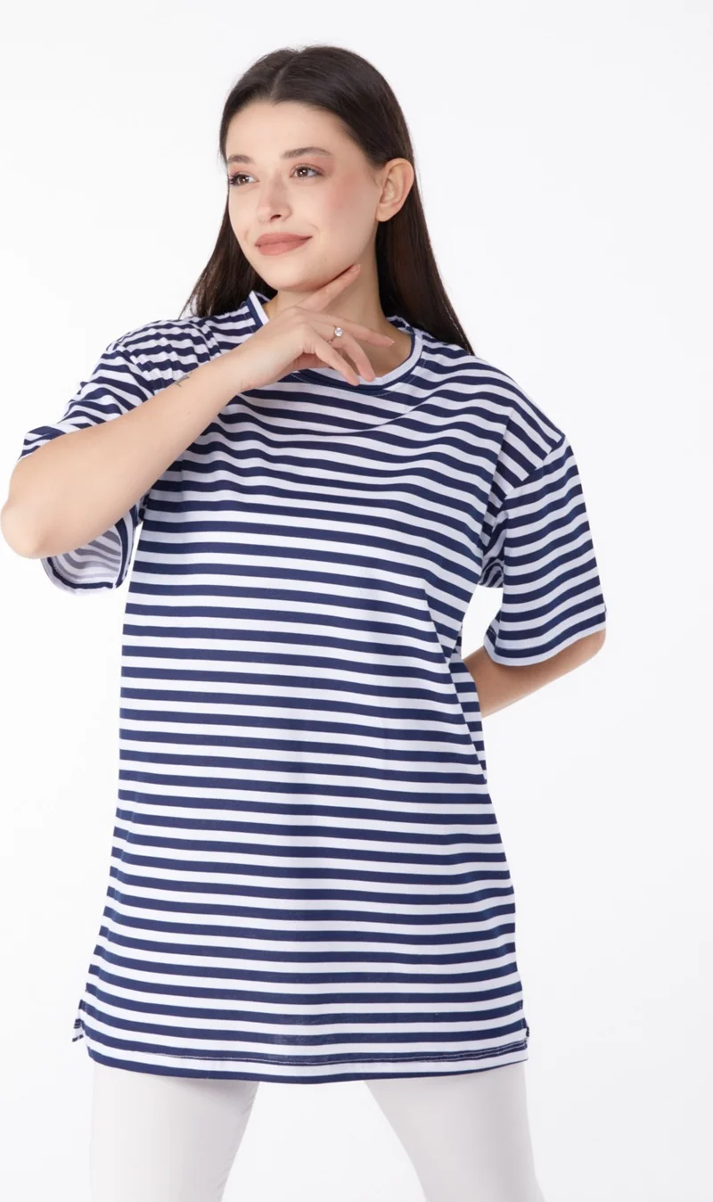 Tofisa Plain Crew Neck Women's Navy Blue Striped T-Shirt - 25306